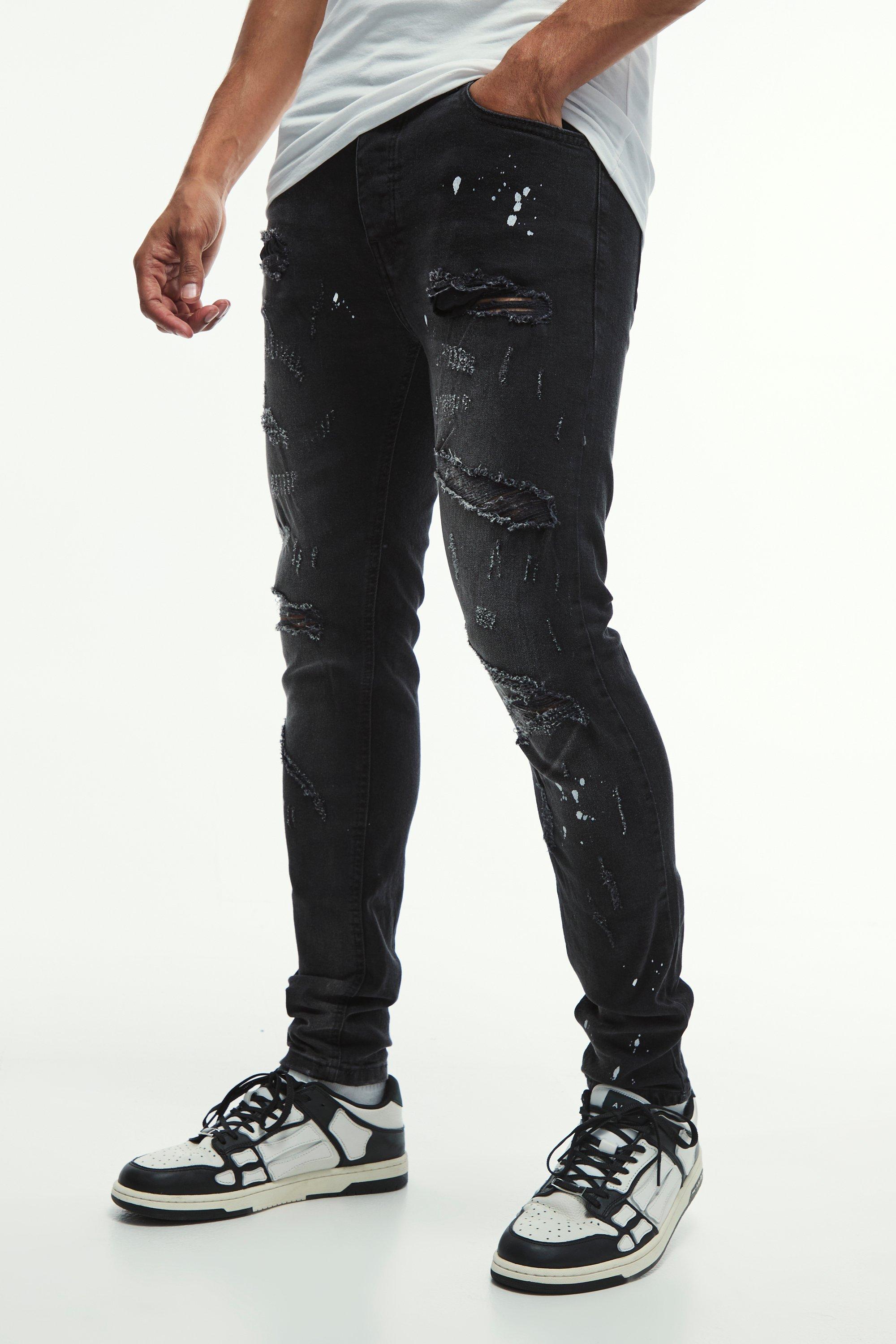 Mens Black Skinny Stretch All Over Rip & Repair Paint Splatter Jeans, Black